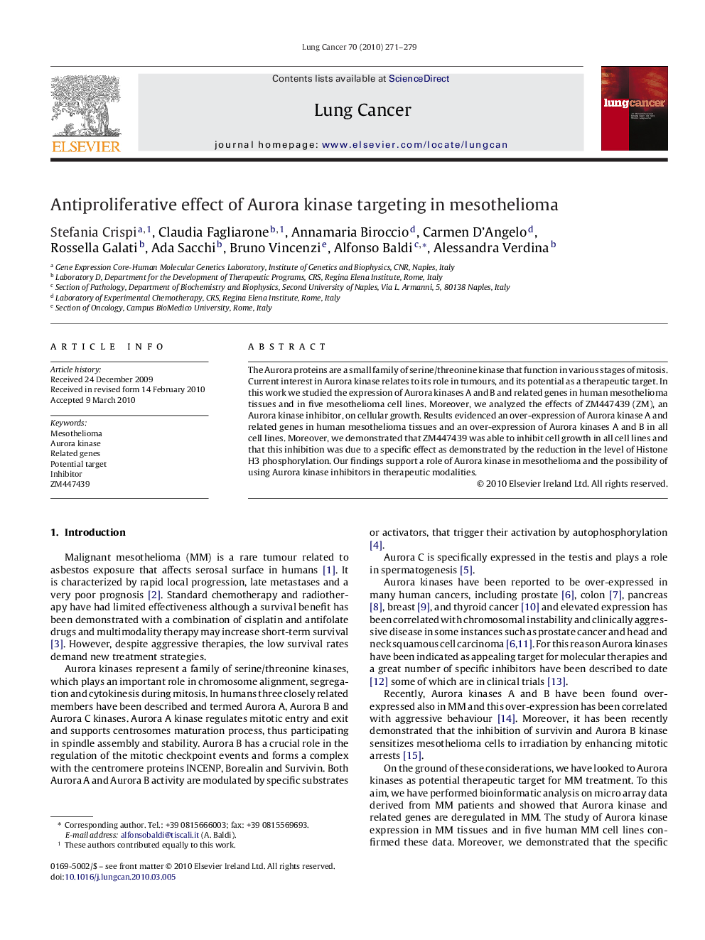 Antiproliferative effect of Aurora kinase targeting in mesothelioma