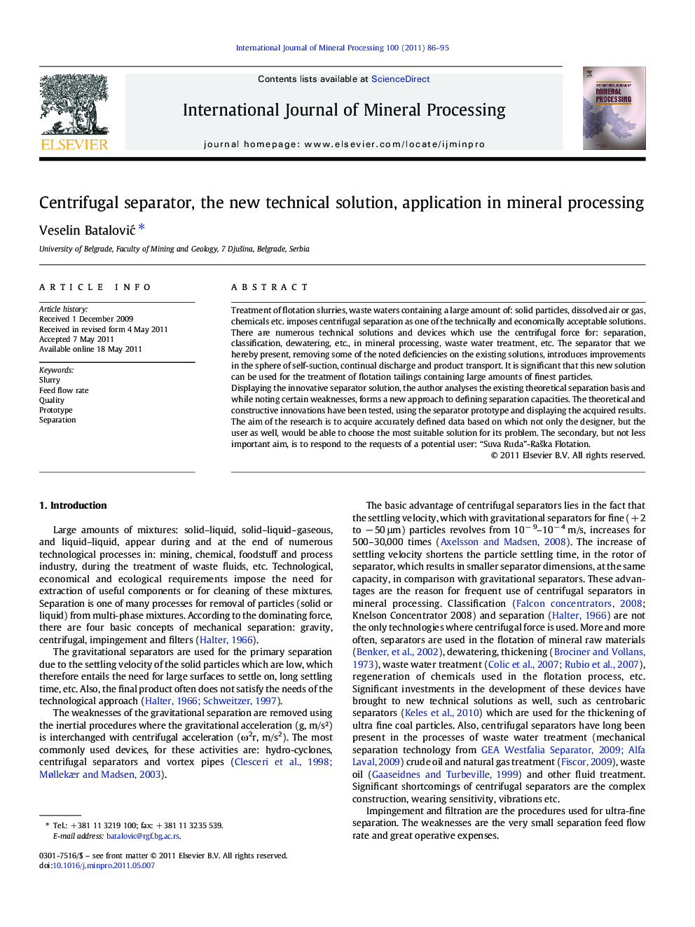 Centrifugal separator, the new technical solution, application in mineral processing