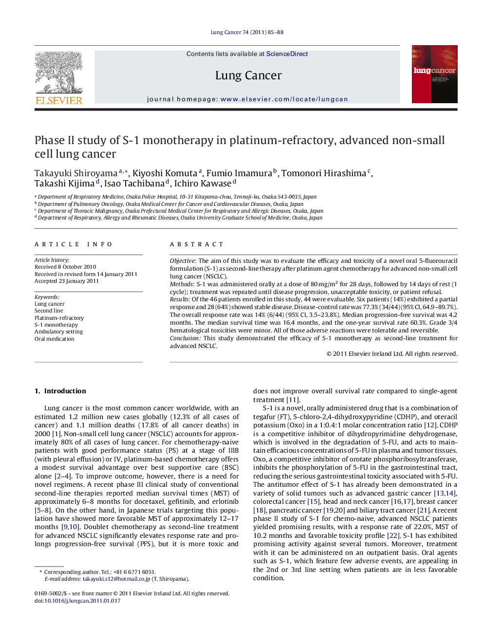 Phase II study of S-1 monotherapy in platinum-refractory, advanced non-small cell lung cancer