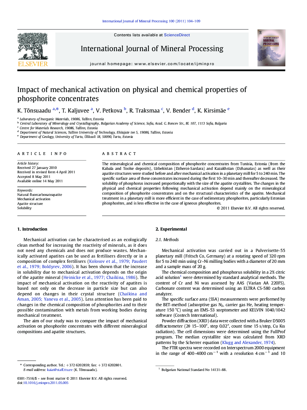 Impact of mechanical activation on physical and chemical properties of phosphorite concentrates