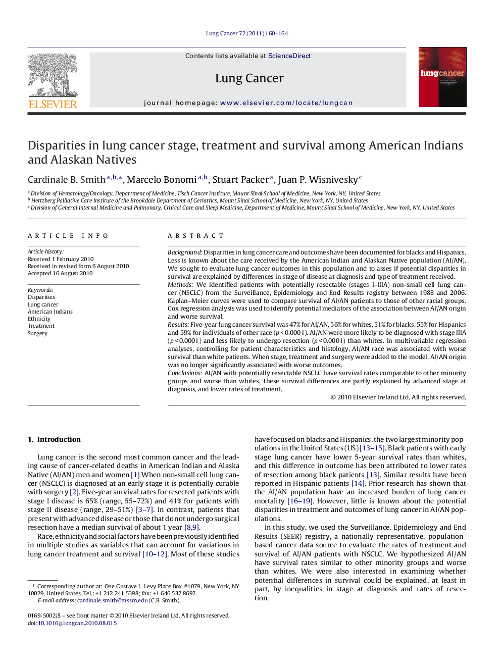 Disparities in lung cancer stage, treatment and survival among American Indians and Alaskan Natives