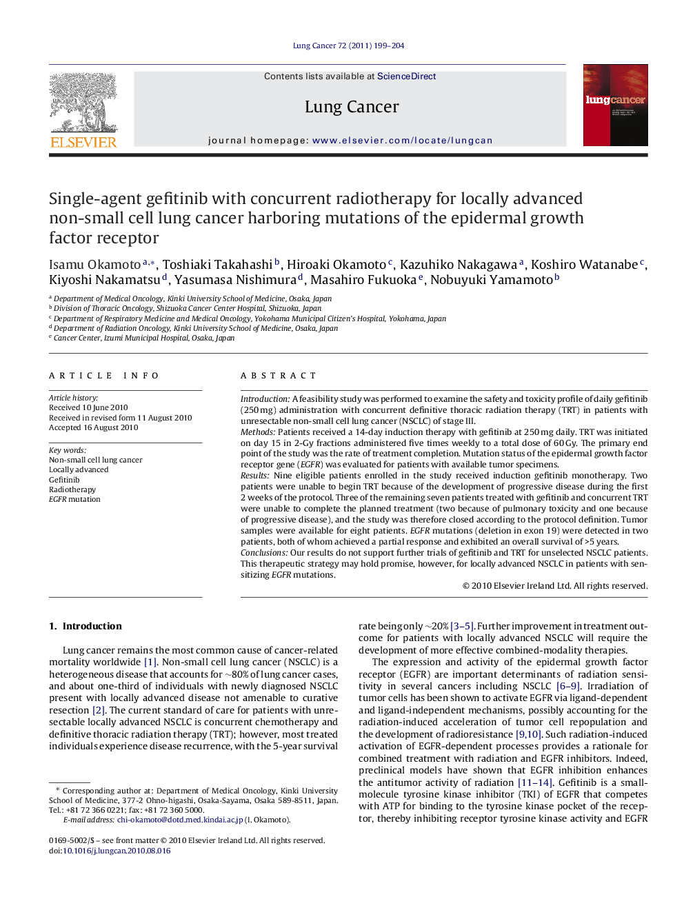 Single-agent gefitinib with concurrent radiotherapy for locally advanced non-small cell lung cancer harboring mutations of the epidermal growth factor receptor