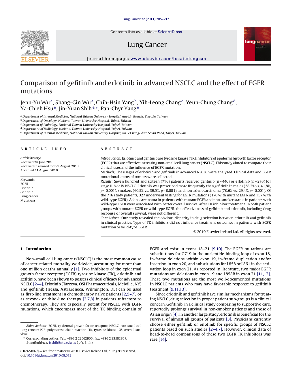 Comparison of gefitinib and erlotinib in advanced NSCLC and the effect of EGFR mutations