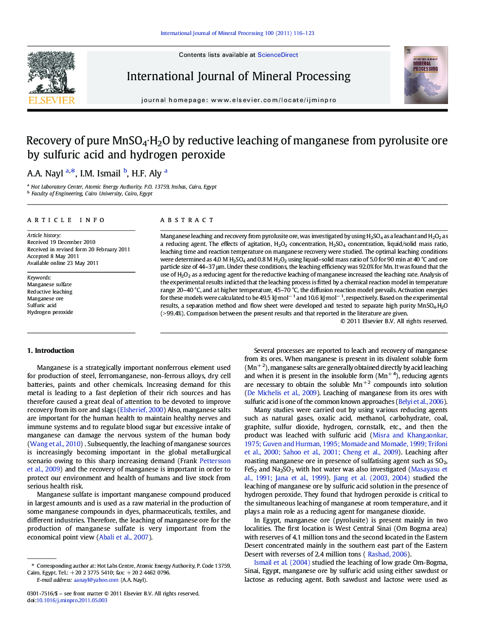 Recovery of pure MnSO4∙H2O by reductive leaching of manganese from pyrolusite ore by sulfuric acid and hydrogen peroxide