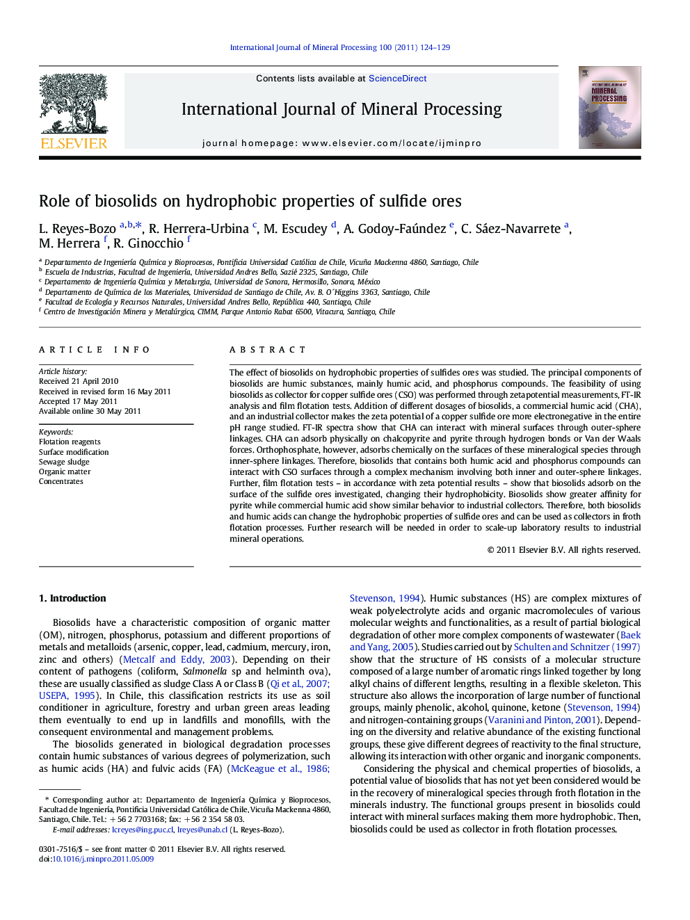 Role of biosolids on hydrophobic properties of sulfide ores
