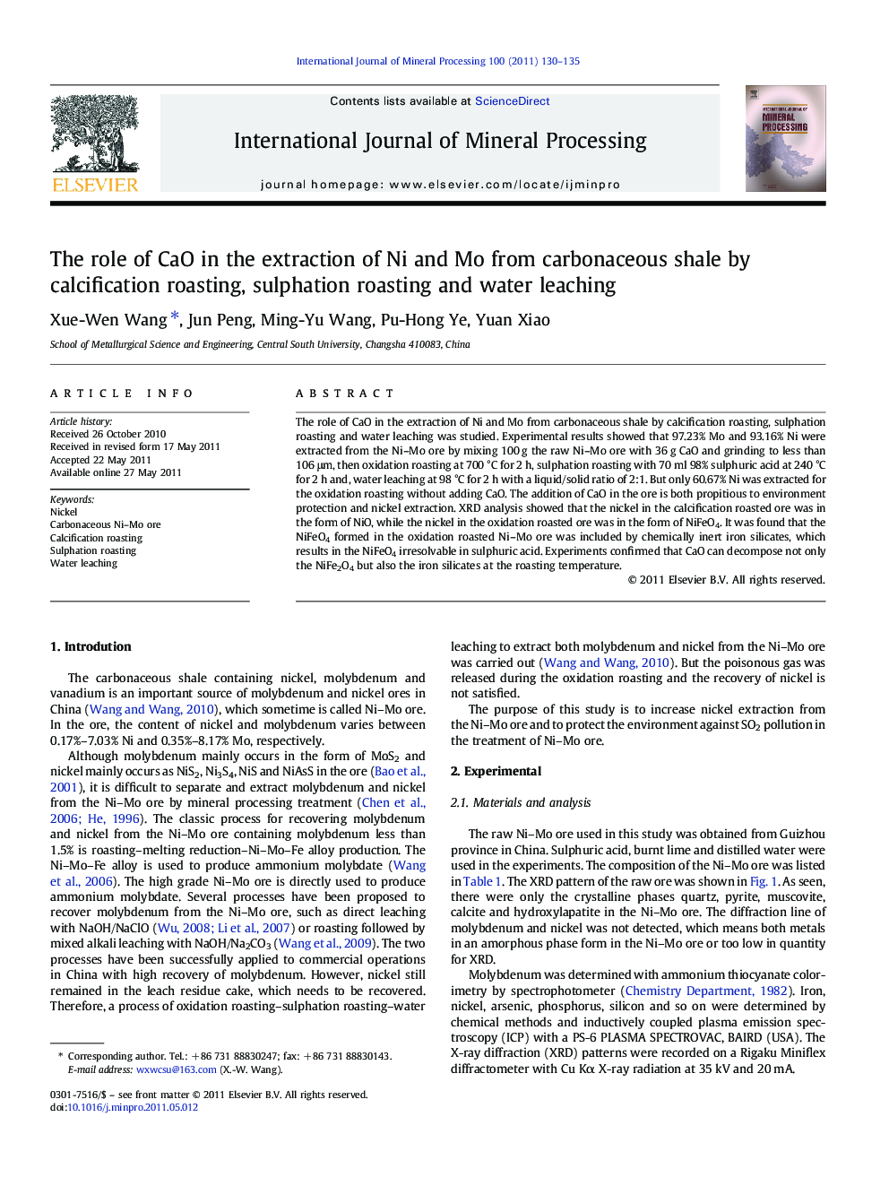 The role of CaO in the extraction of Ni and Mo from carbonaceous shale by calcification roasting, sulphation roasting and water leaching