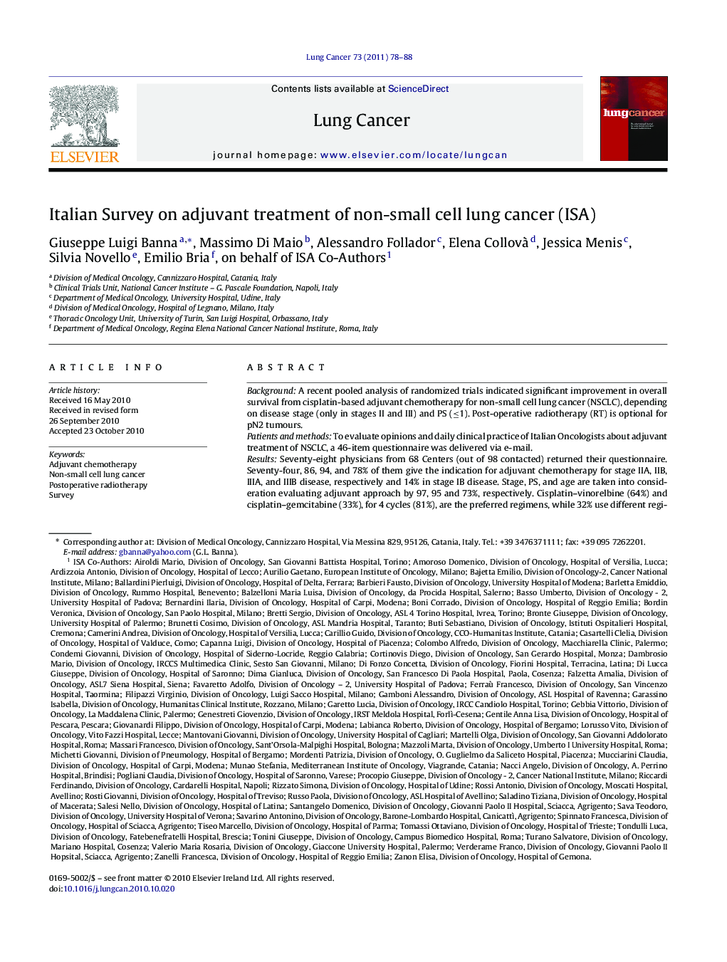 Italian Survey on adjuvant treatment of non-small cell lung cancer (ISA)