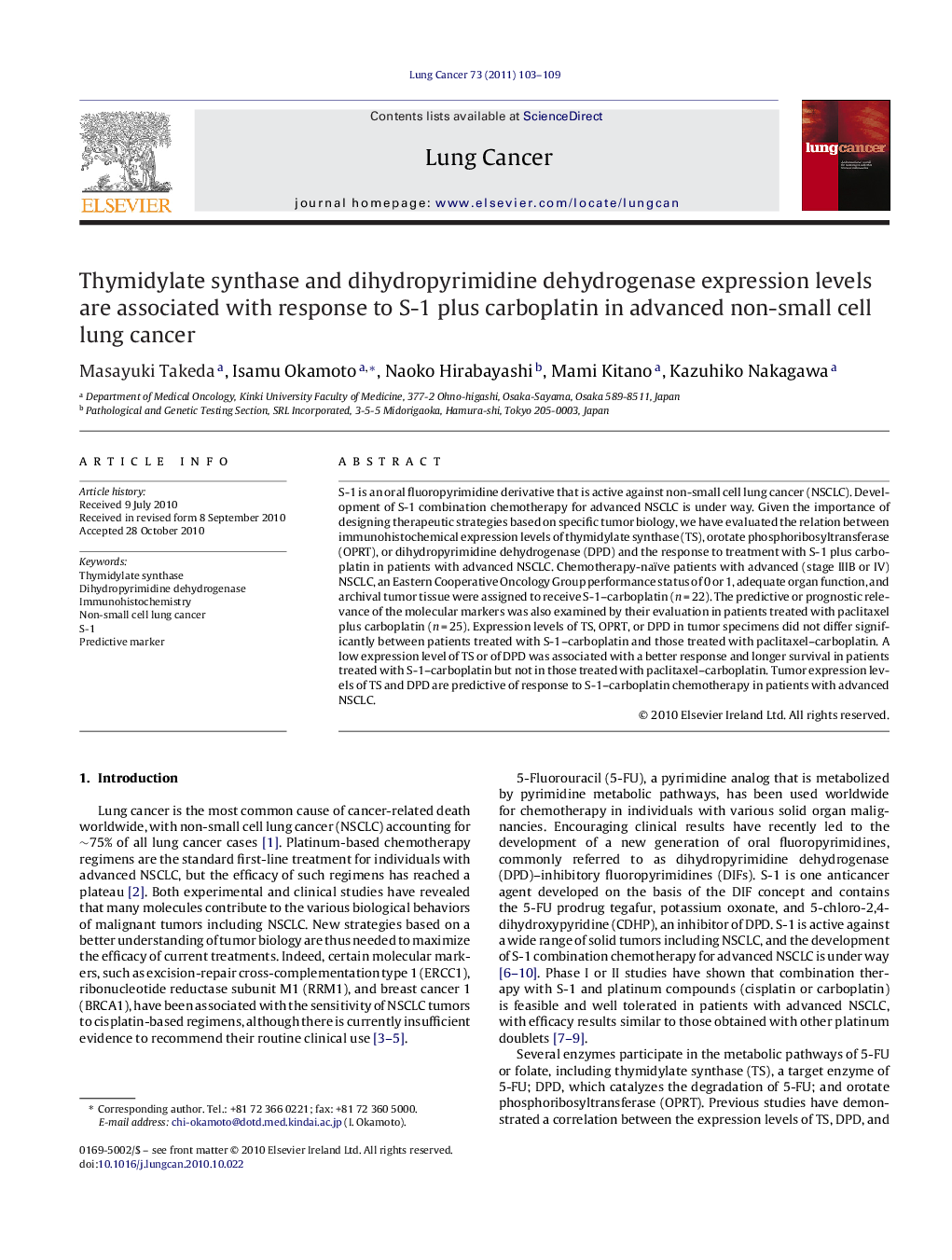 Thymidylate synthase and dihydropyrimidine dehydrogenase expression levels are associated with response to S-1 plus carboplatin in advanced non-small cell lung cancer