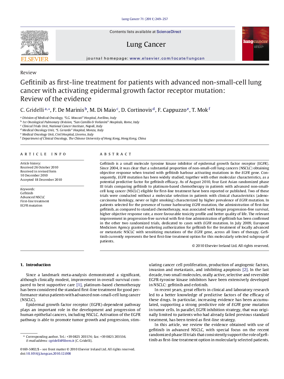 Gefitinib as first-line treatment for patients with advanced non-small-cell lung cancer with activating epidermal growth factor receptor mutation: Review of the evidence