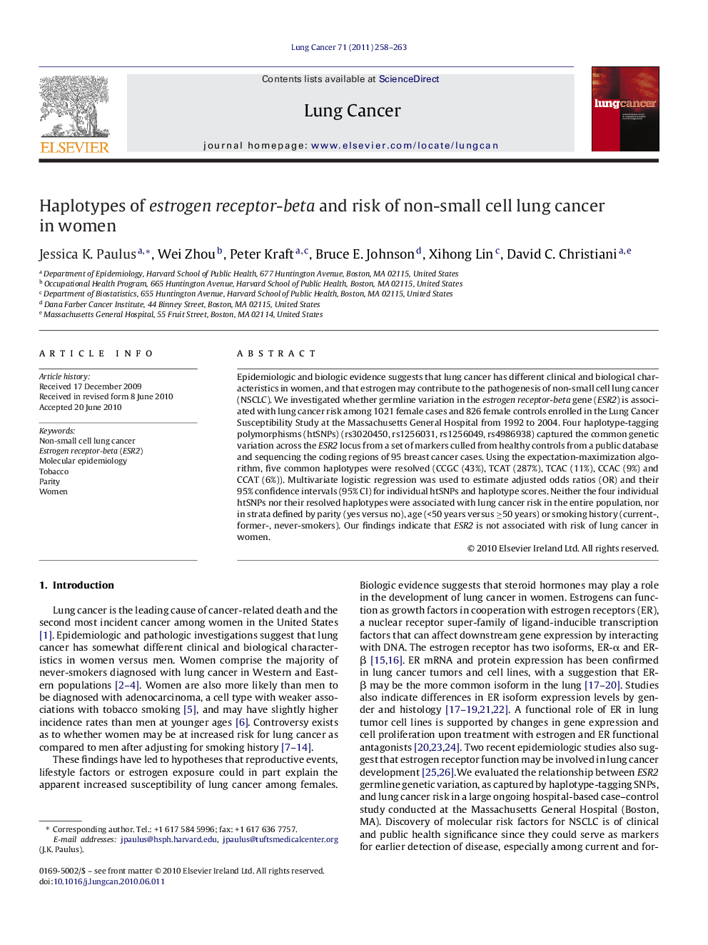 Haplotypes of estrogen receptor-beta and risk of non-small cell lung cancer in women