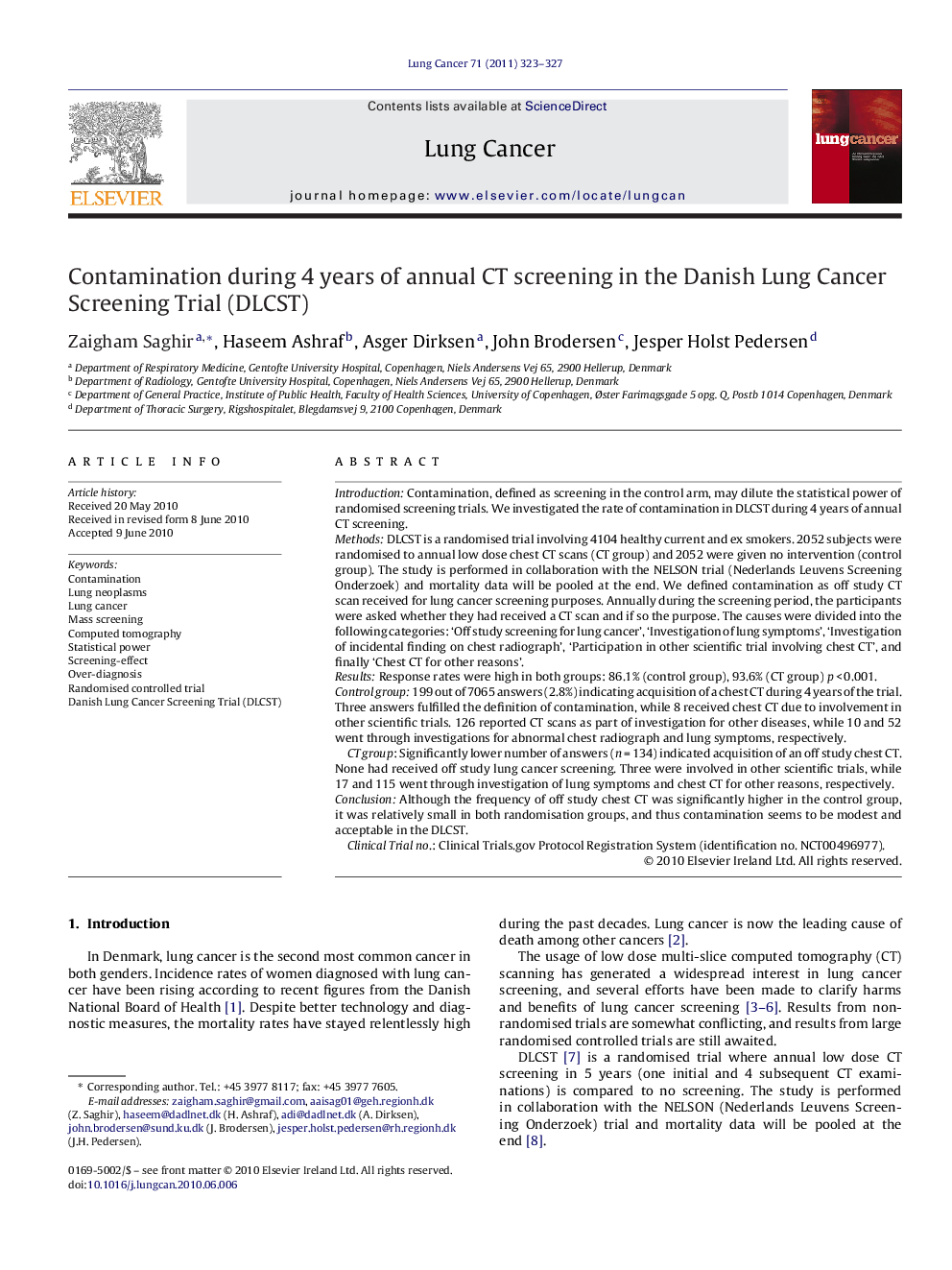 Contamination during 4 years of annual CT screening in the Danish Lung Cancer Screening Trial (DLCST)