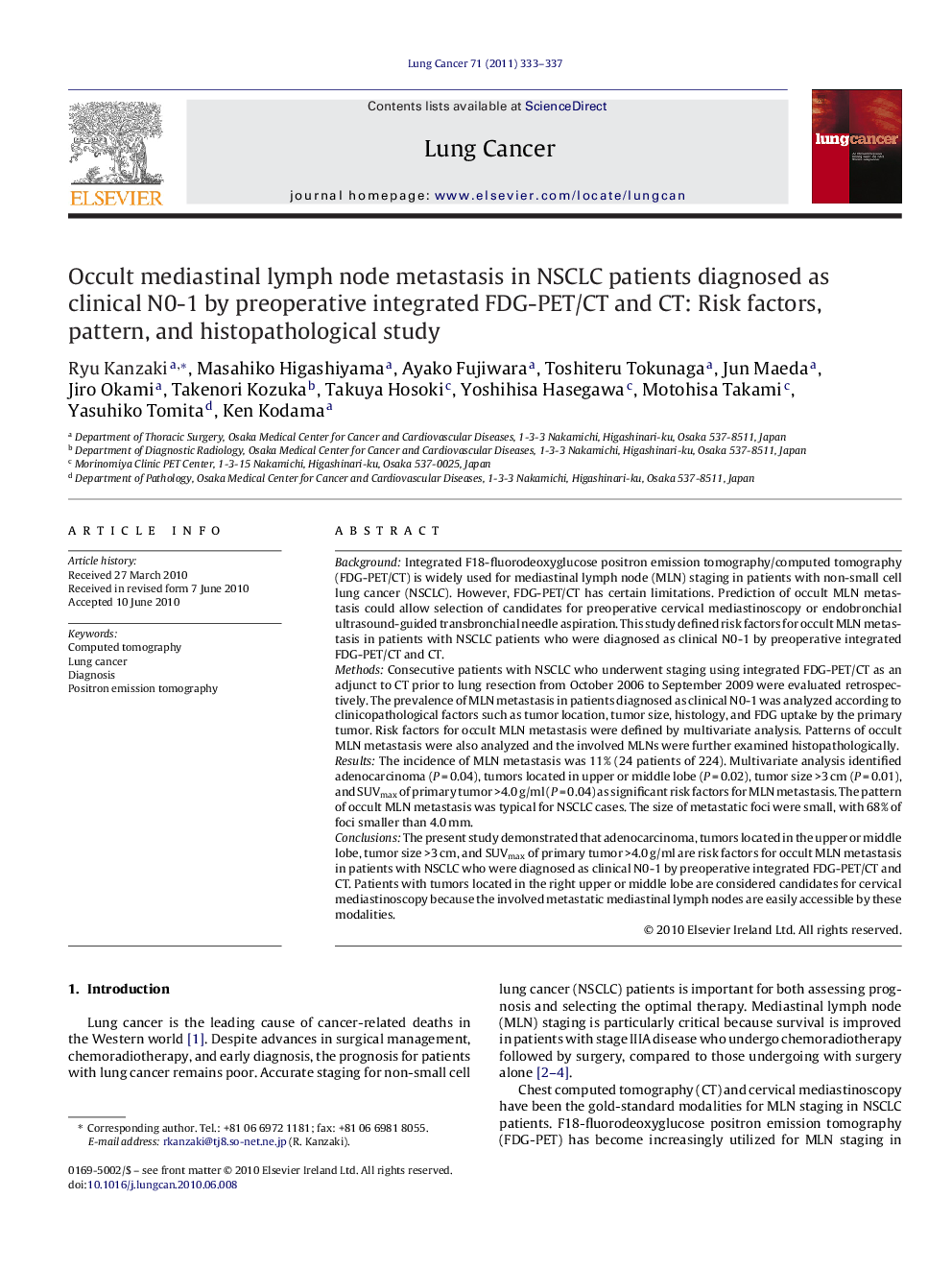 Occult mediastinal lymph node metastasis in NSCLC patients diagnosed as clinical N0-1 by preoperative integrated FDG-PET/CT and CT: Risk factors, pattern, and histopathological study