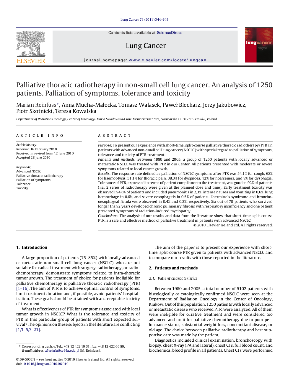 Palliative thoracic radiotherapy in non-small cell lung cancer. An analysis of 1250 patients. Palliation of symptoms, tolerance and toxicity