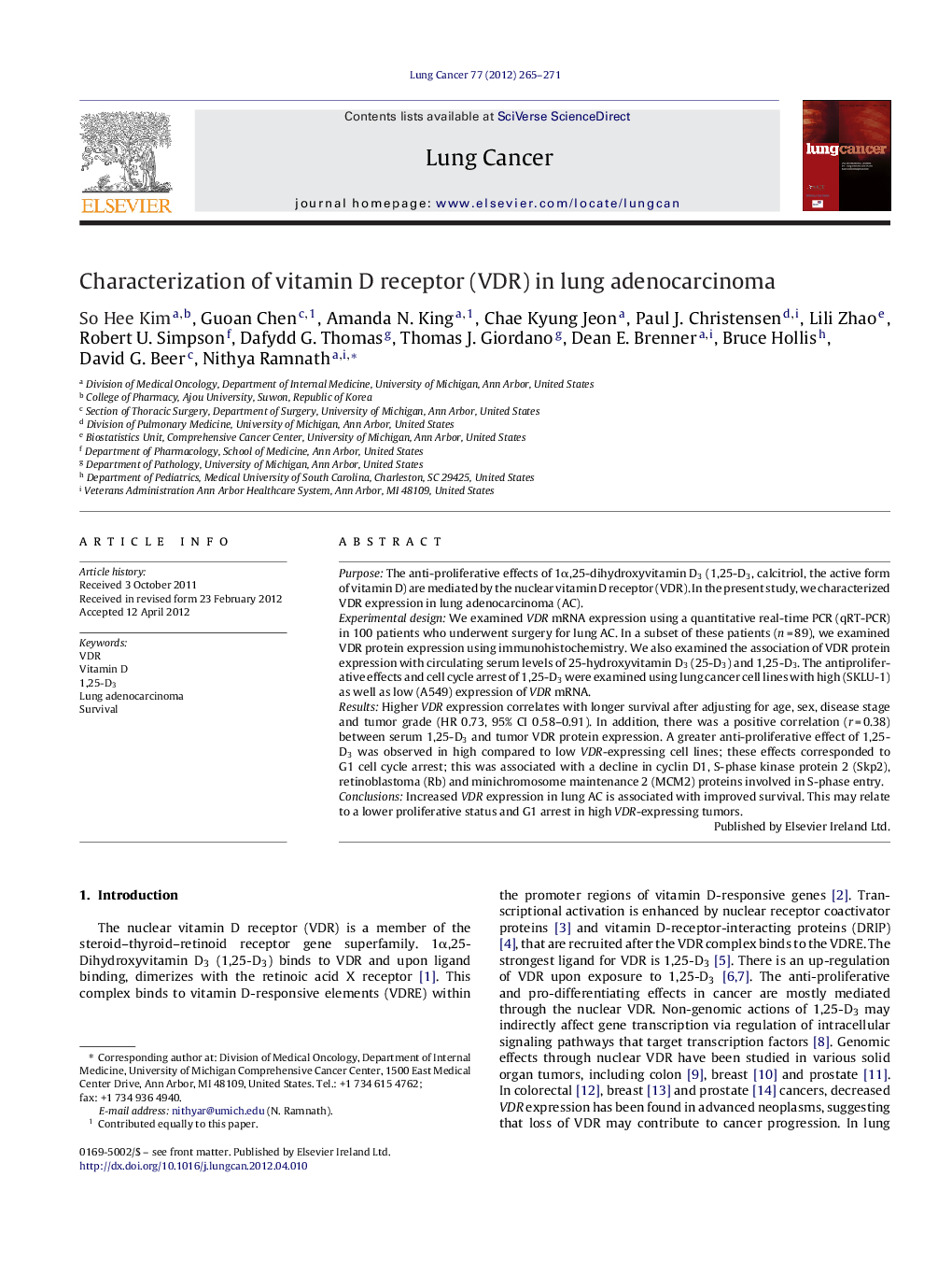 عکس صفحه اول مقاله: Characterization of vitamin D receptor (VDR) in lung adenocarcinoma Characterization of vitamin D receptor (VDR) in lung adenocarcinoma