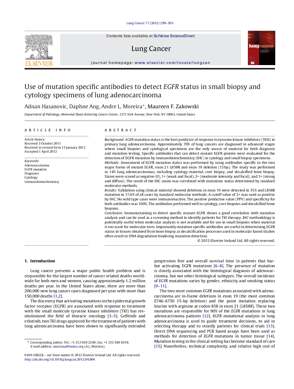 Use of mutation specific antibodies to detect EGFR status in small biopsy and cytology specimens of lung adenocarcinoma