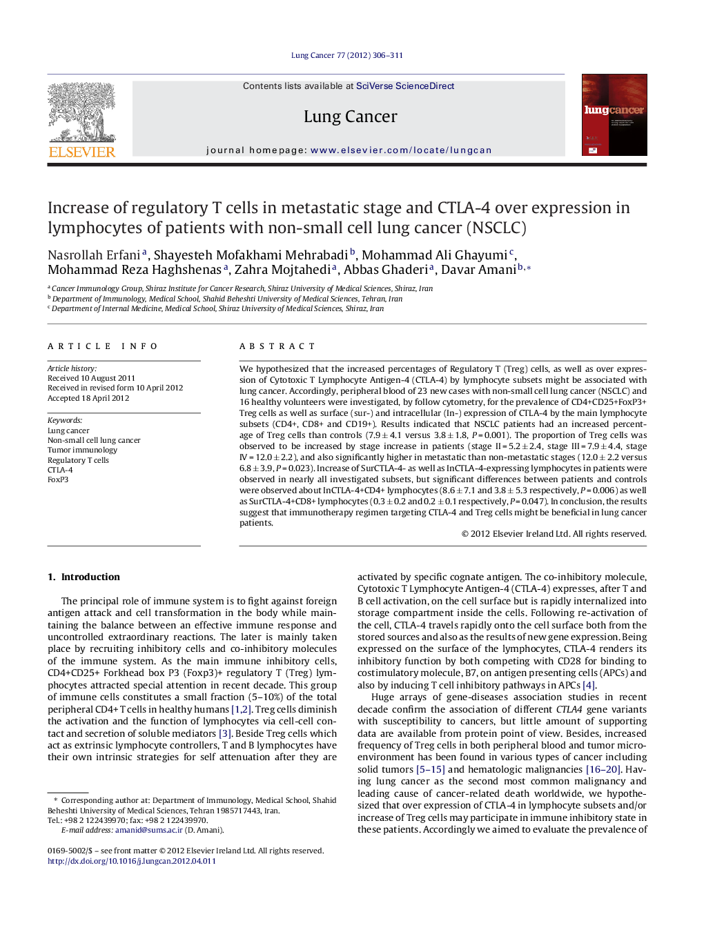 Increase of regulatory T cells in metastatic stage and CTLA-4 over expression in lymphocytes of patients with non-small cell lung cancer (NSCLC)