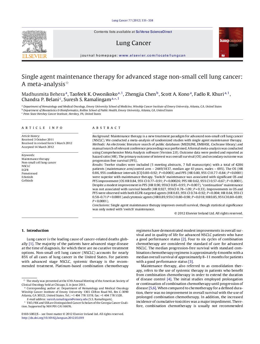 Single agent maintenance therapy for advanced stage non-small cell lung cancer: A meta-analysis 