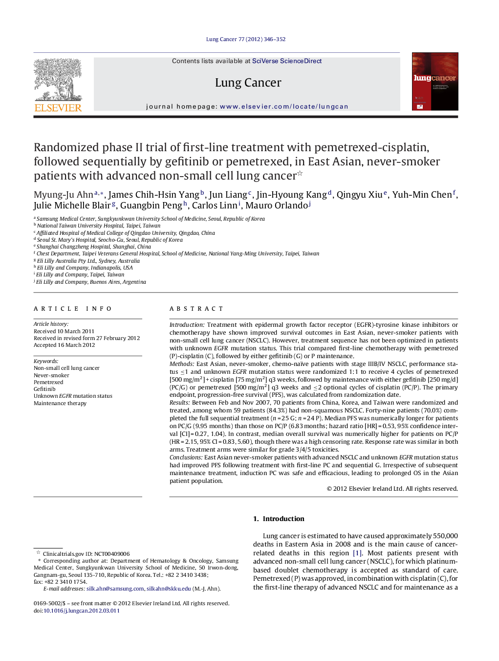 Randomized phase II trial of first-line treatment with pemetrexed-cisplatin, followed sequentially by gefitinib or pemetrexed, in East Asian, never-smoker patients with advanced non-small cell lung cancer 