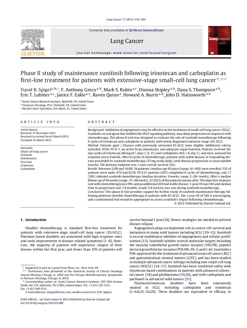 Phase II study of maintenance sunitinib following irinotecan and carboplatin as first-line treatment for patients with extensive-stage small-cell lung cancer 