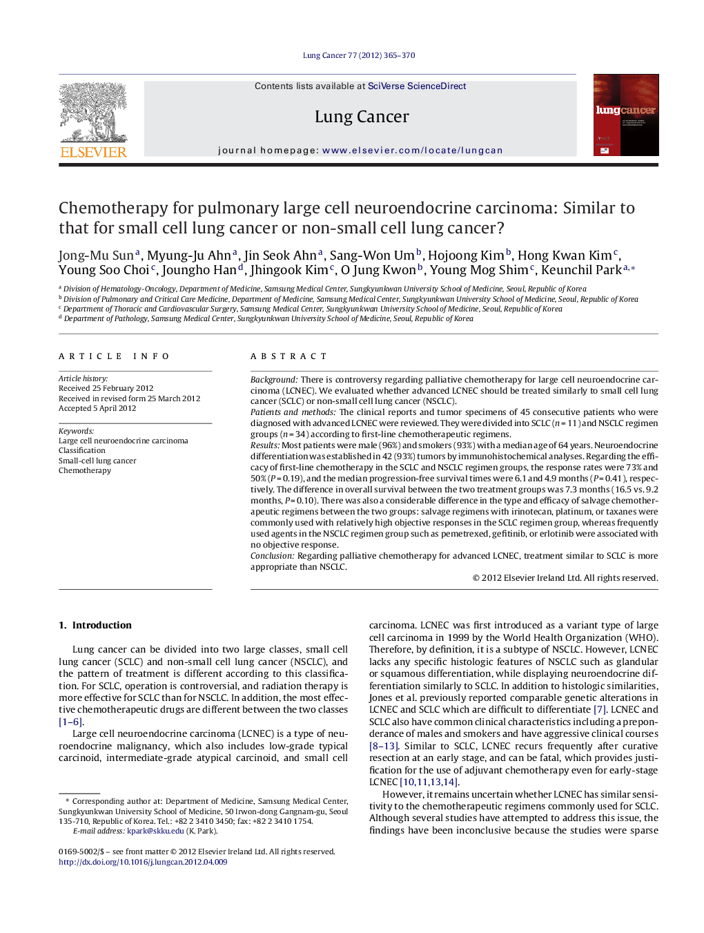 Chemotherapy for pulmonary large cell neuroendocrine carcinoma: Similar to that for small cell lung cancer or non-small cell lung cancer?