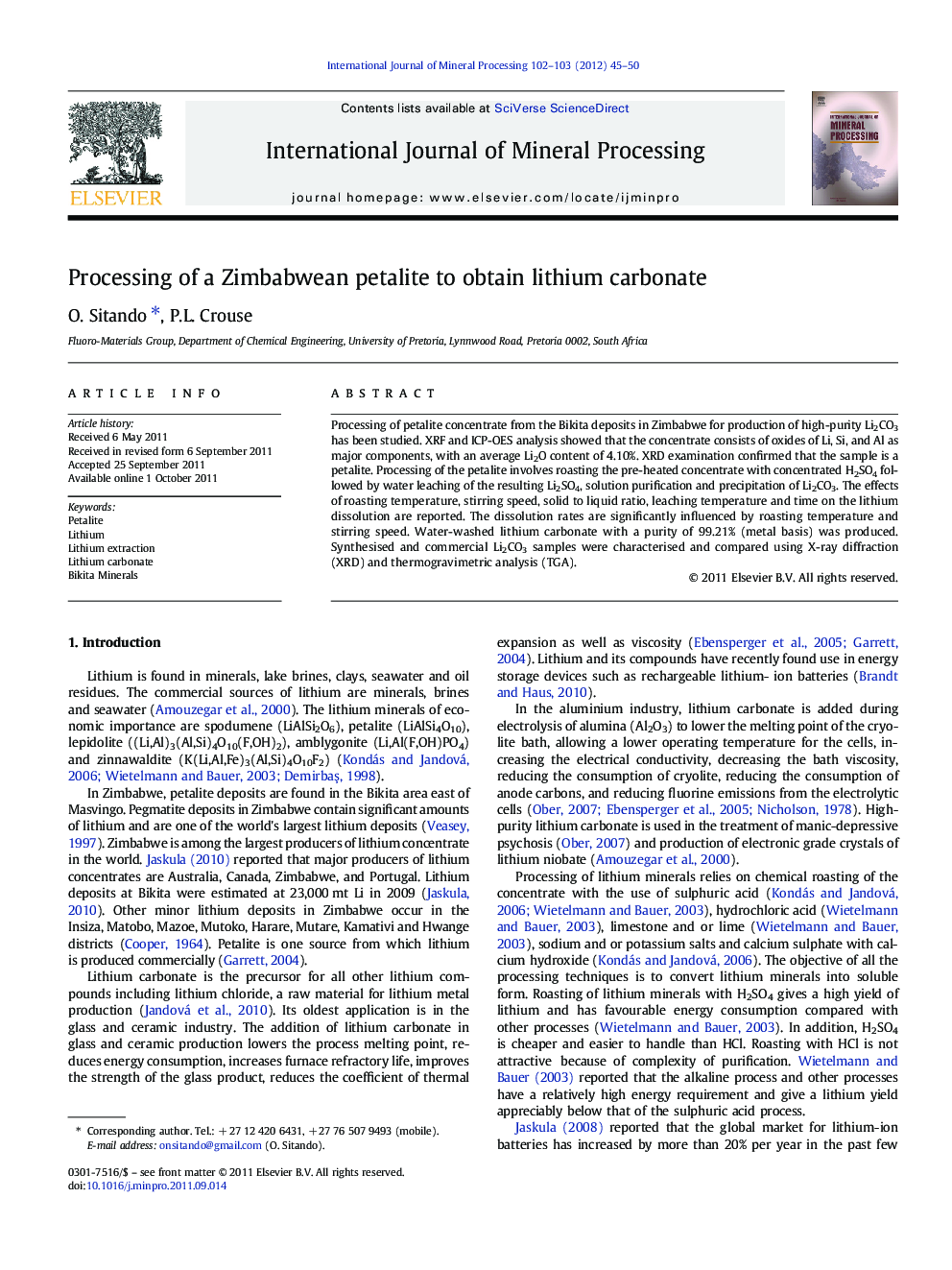 Processing of a Zimbabwean petalite to obtain lithium carbonate