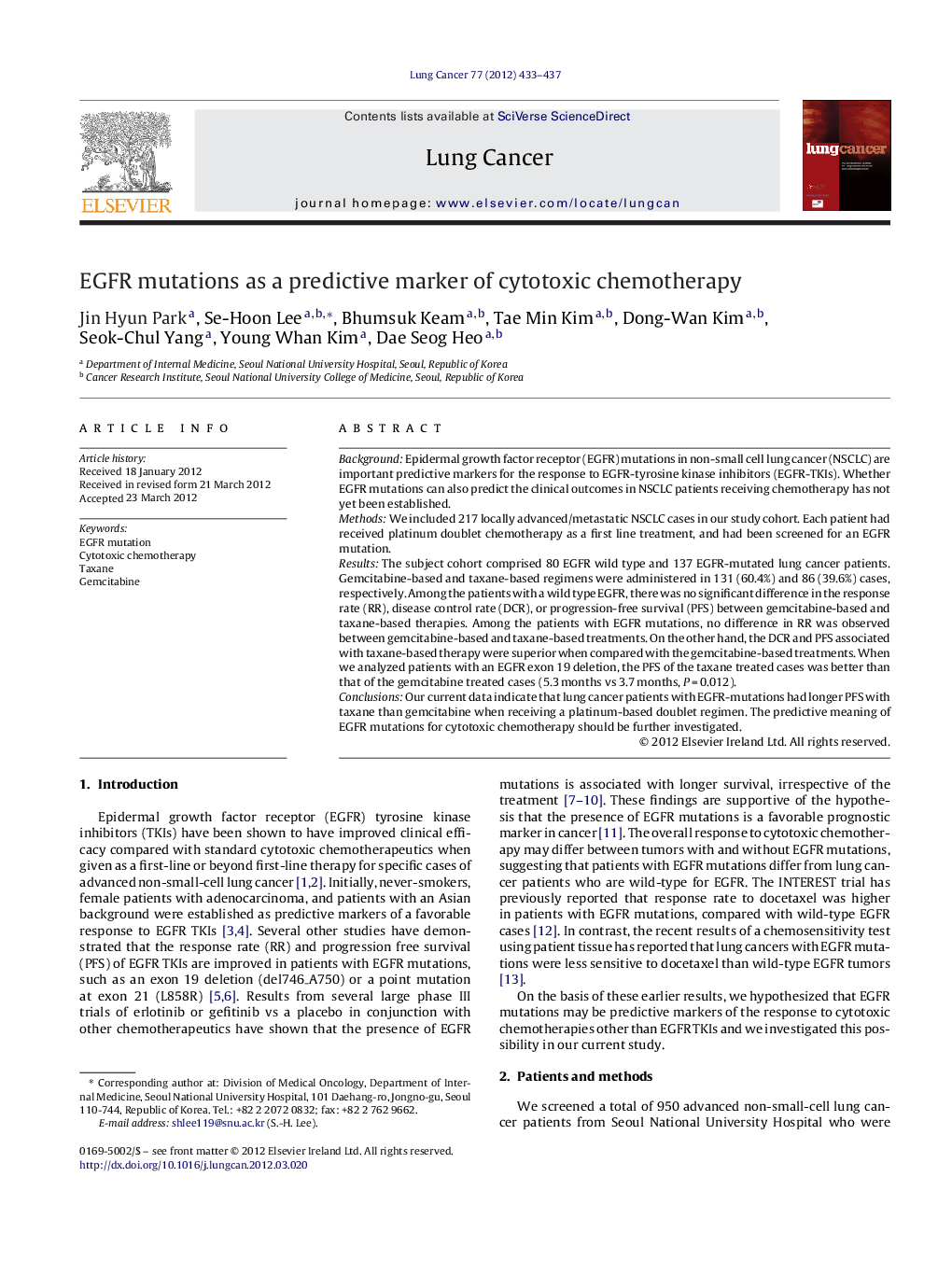 EGFR mutations as a predictive marker of cytotoxic chemotherapy