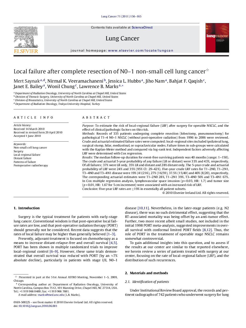 Local failure after complete resection of N0–1 non-small cell lung cancer 