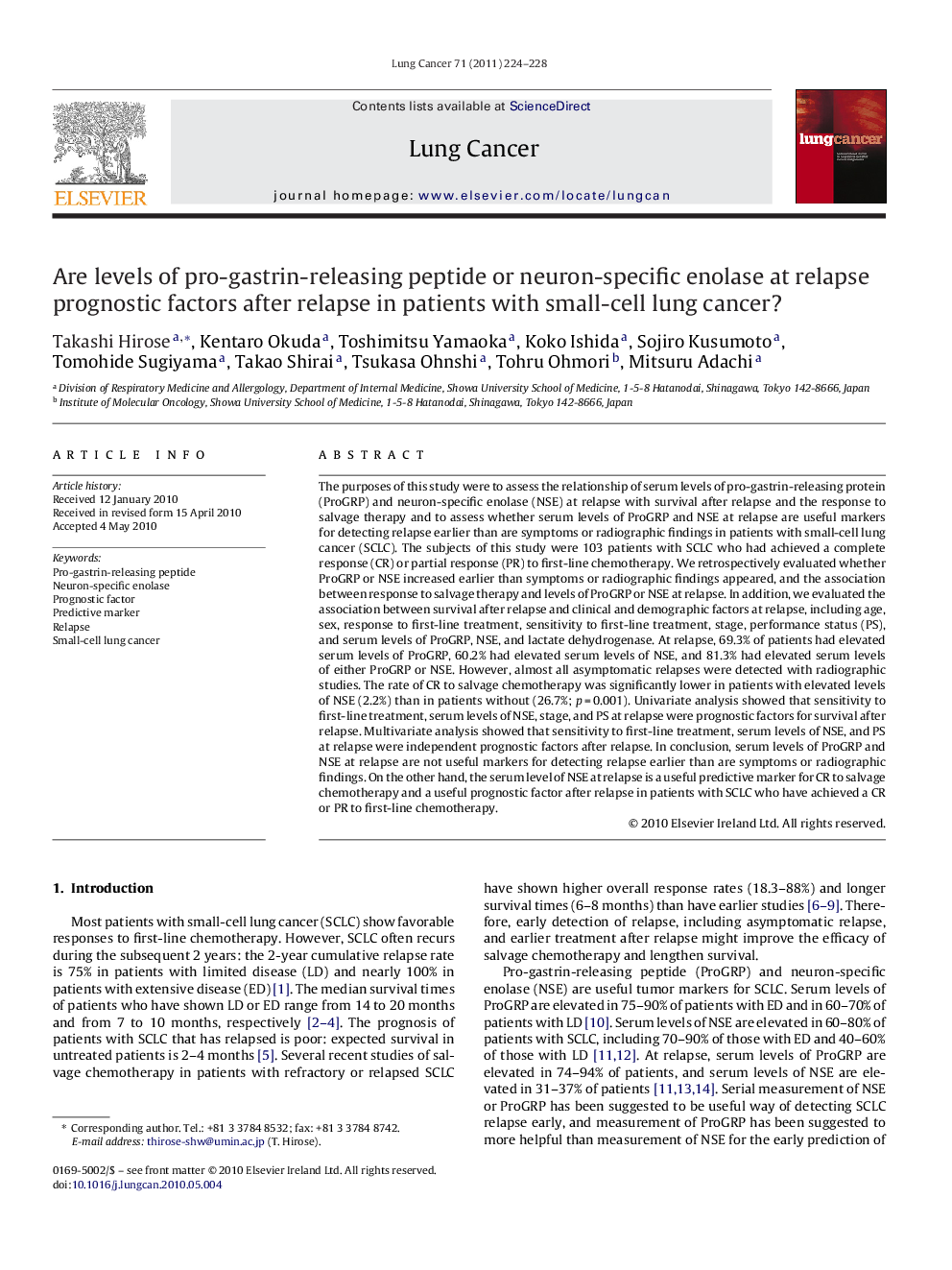 Are levels of pro-gastrin-releasing peptide or neuron-specific enolase at relapse prognostic factors after relapse in patients with small-cell lung cancer?