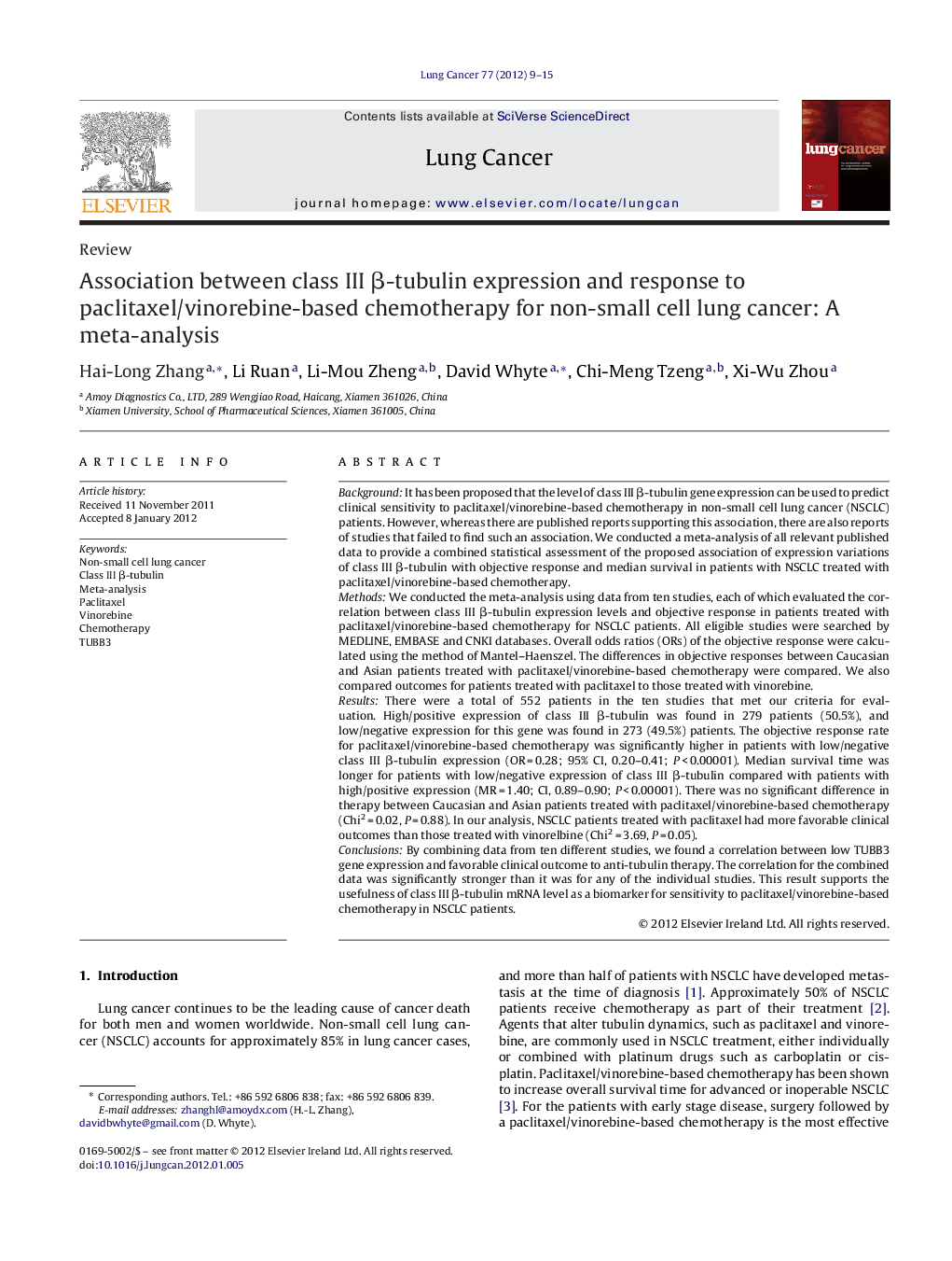 Association between class III β-tubulin expression and response to paclitaxel/vinorebine-based chemotherapy for non-small cell lung cancer: A meta-analysis