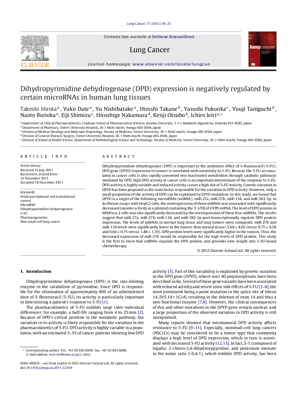 Dihydropyrimidine dehydrogenase (DPD) expression is negatively regulated by certain microRNAs in human lung tissues