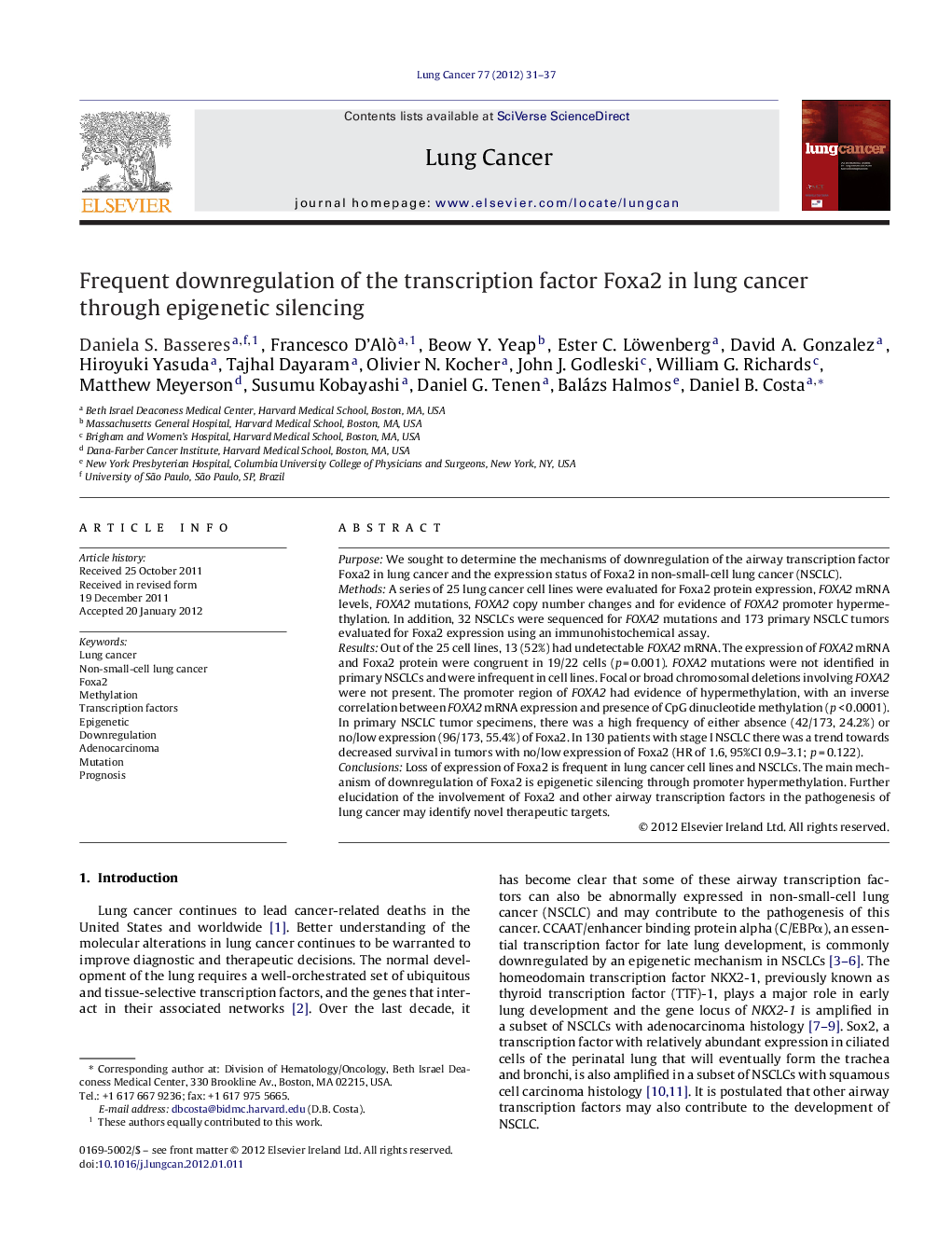 Frequent downregulation of the transcription factor Foxa2 in lung cancer through epigenetic silencing