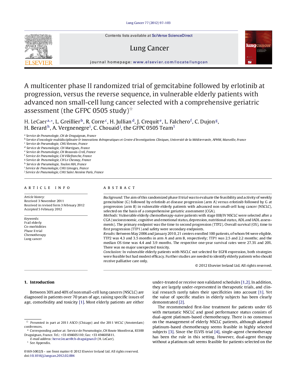 A multicenter phase II randomized trial of gemcitabine followed by erlotinib at progression, versus the reverse sequence, in vulnerable elderly patients with advanced non small-cell lung cancer selected with a comprehensive geriatric assessment (the GFPC 