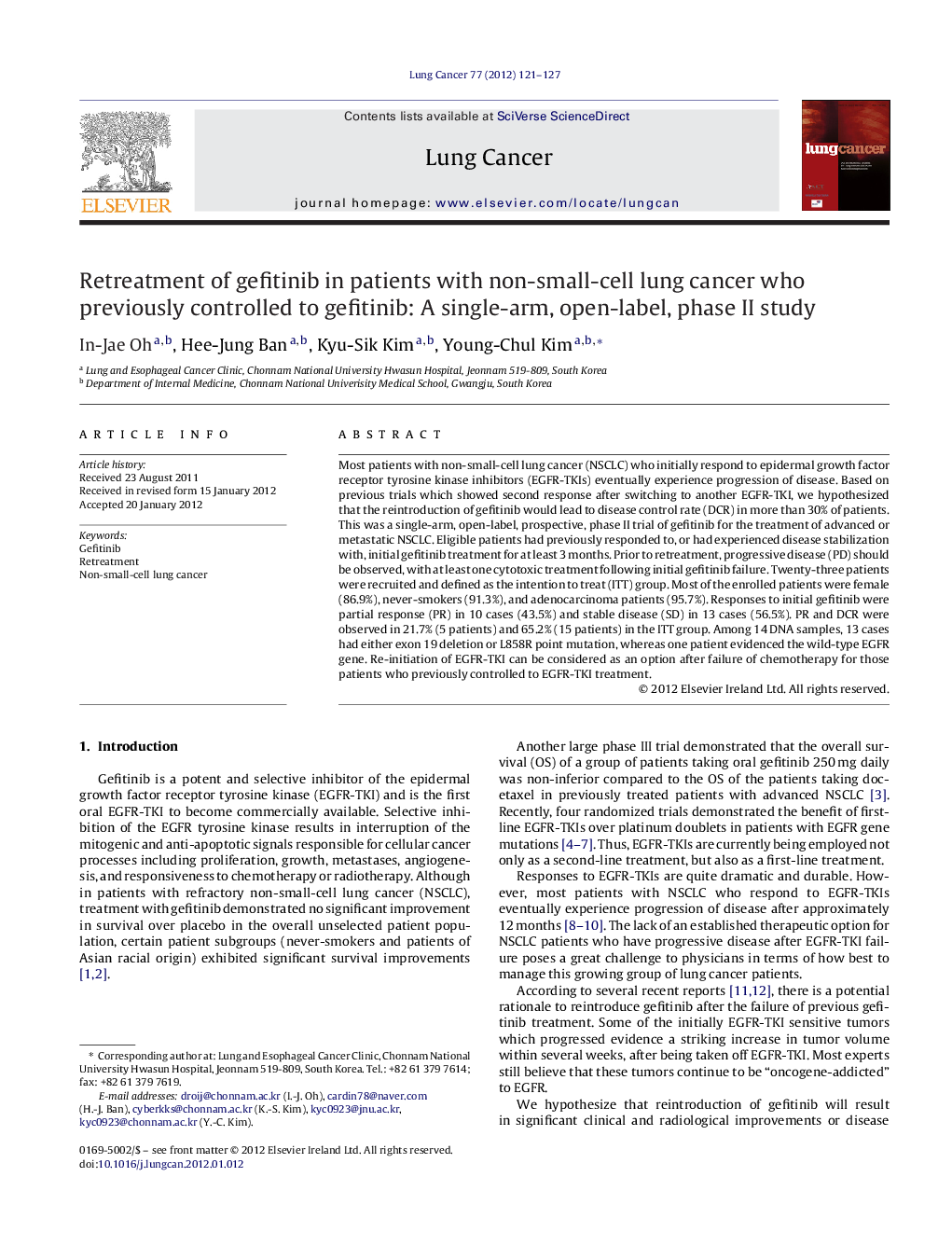 Retreatment of gefitinib in patients with non-small-cell lung cancer who previously controlled to gefitinib: A single-arm, open-label, phase II study