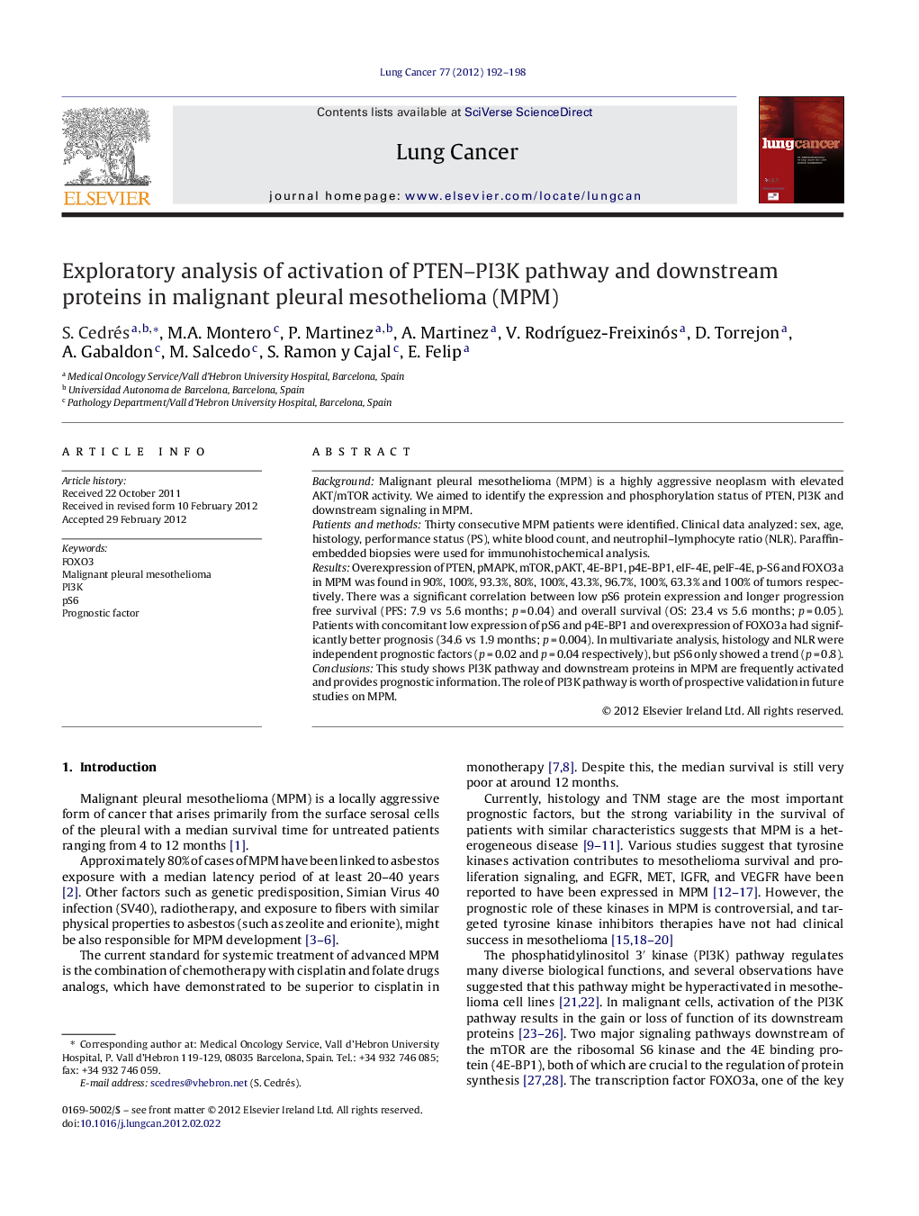 Exploratory analysis of activation of PTEN–PI3K pathway and downstream proteins in malignant pleural mesothelioma (MPM)