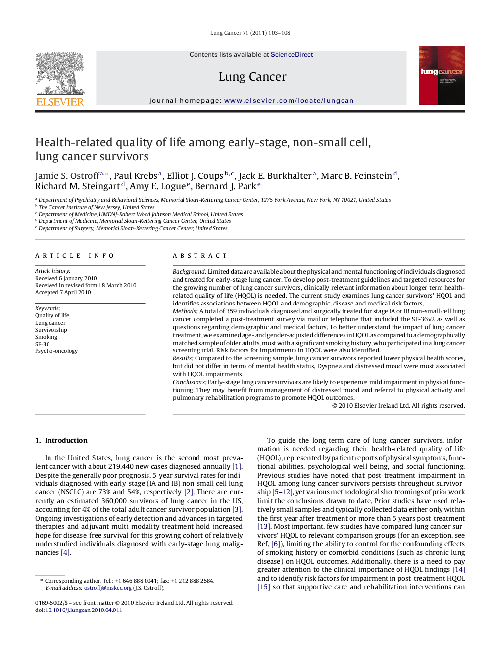 Health-related quality of life among early-stage, non-small cell, lung cancer survivors