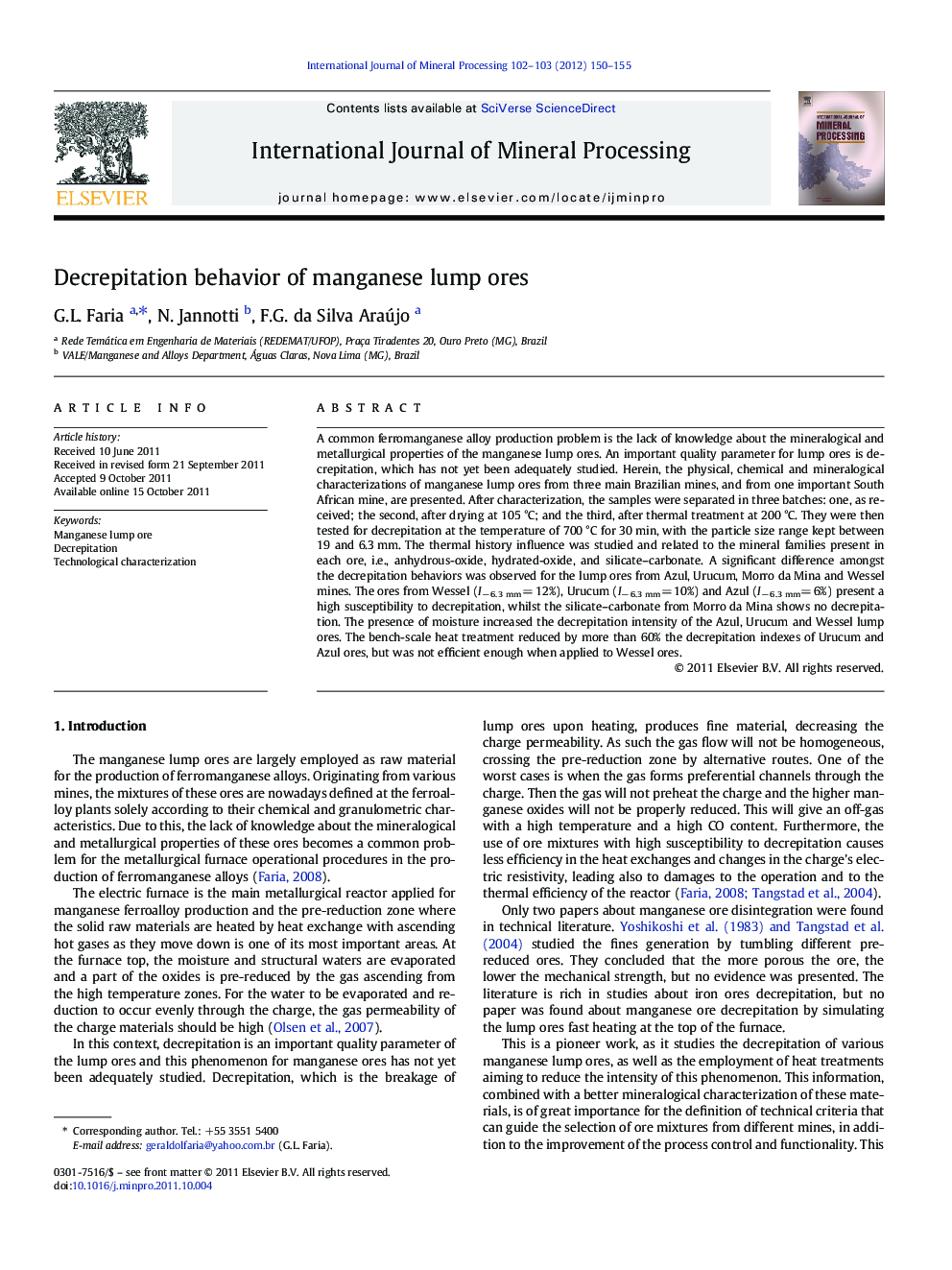 Decrepitation behavior of manganese lump ores