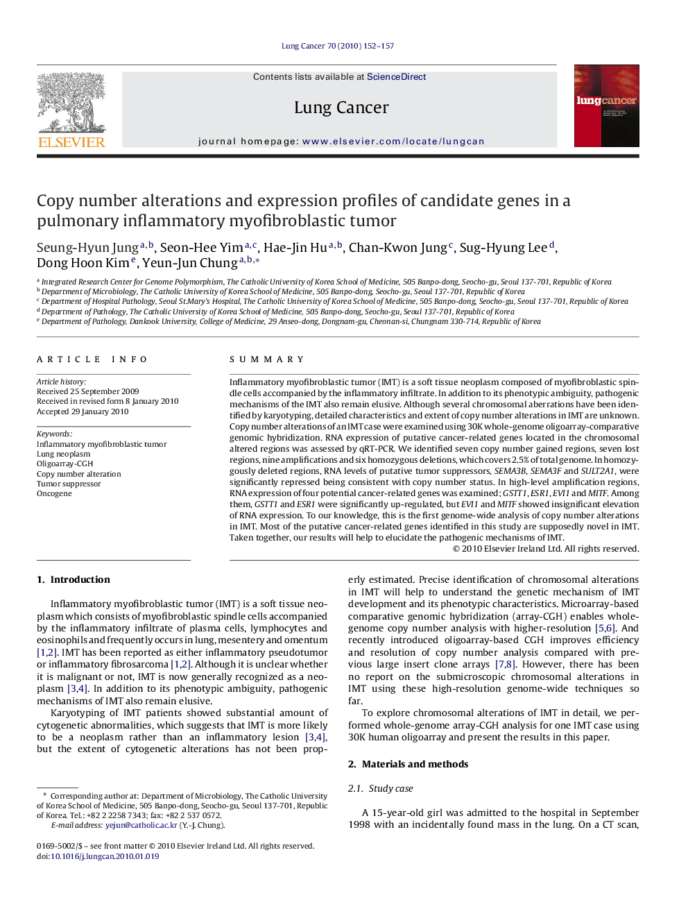 Copy number alterations and expression profiles of candidate genes in a pulmonary inflammatory myofibroblastic tumor