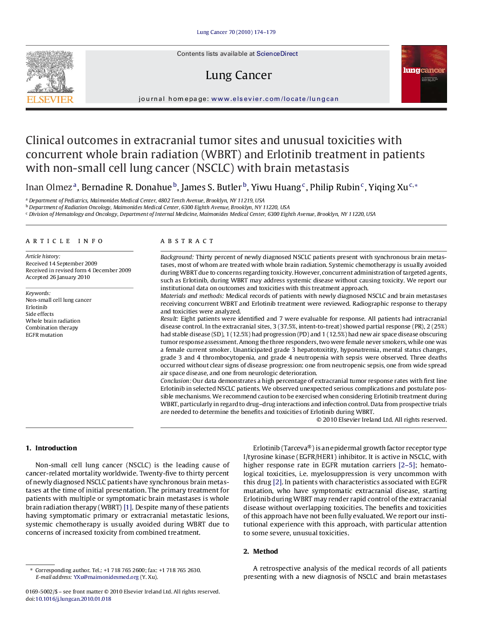 Clinical outcomes in extracranial tumor sites and unusual toxicities with concurrent whole brain radiation (WBRT) and Erlotinib treatment in patients with non-small cell lung cancer (NSCLC) with brain metastasis