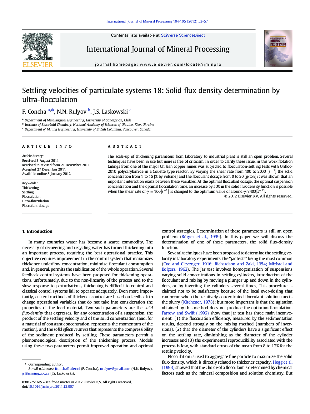 Settling velocities of particulate systems 18: Solid flux density determination by ultra-flocculation