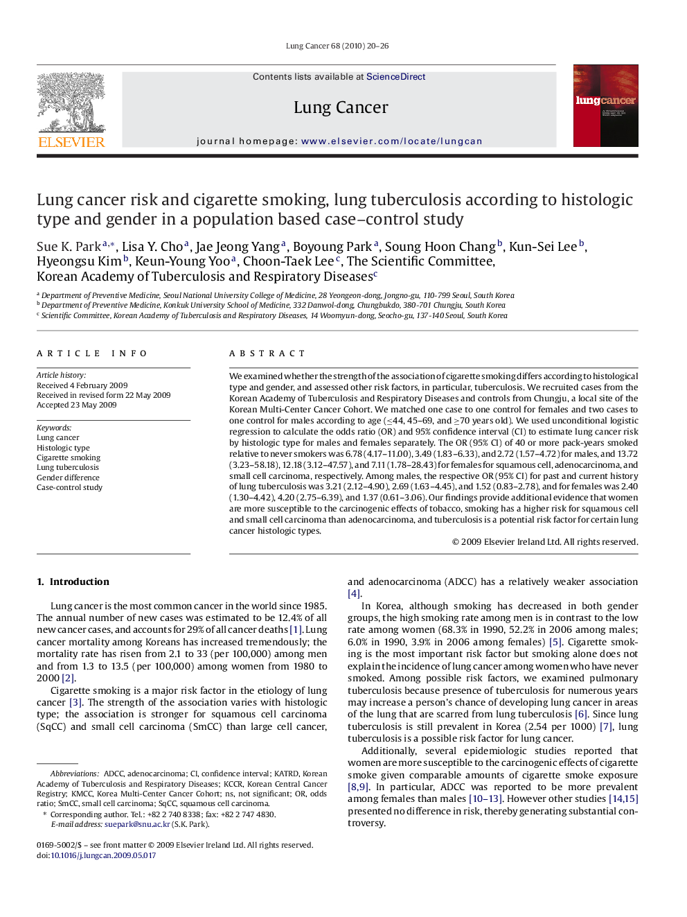 Lung cancer risk and cigarette smoking, lung tuberculosis according to histologic type and gender in a population based case-control study