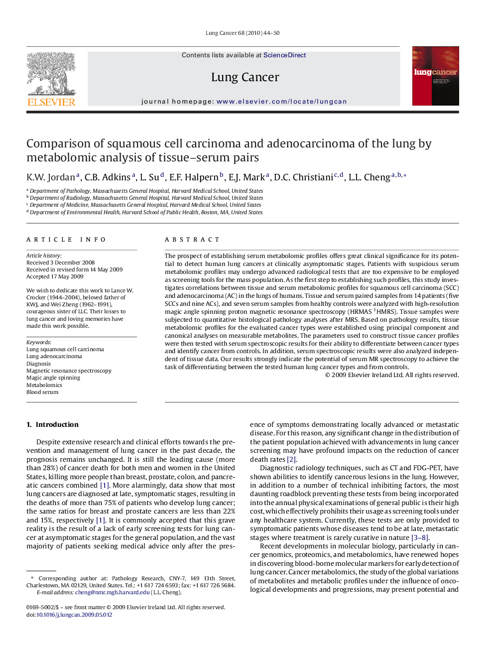 Comparison of squamous cell carcinoma and adenocarcinoma of the lung by metabolomic analysis of tissue–serum pairs