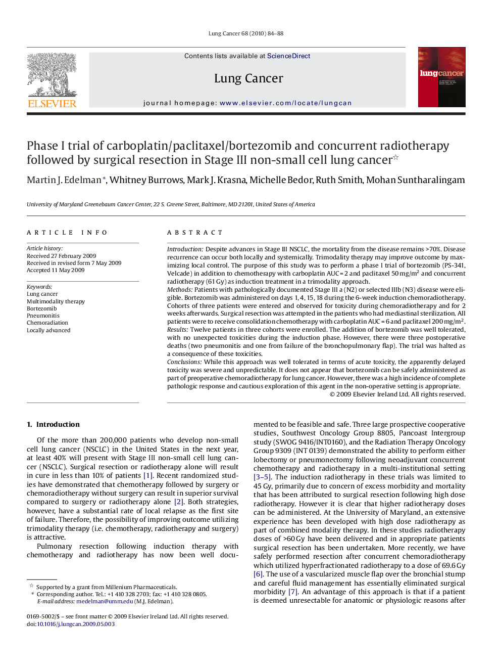 Phase I trial of carboplatin/paclitaxel/bortezomib and concurrent radiotherapy followed by surgical resection in Stage III non-small cell lung cancer 