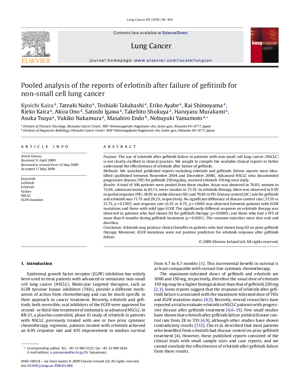 Pooled analysis of the reports of erlotinib after failure of gefitinib for non-small cell lung cancer