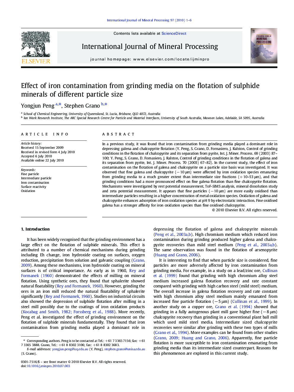 Effect of iron contamination from grinding media on the flotation of sulphide minerals of different particle size