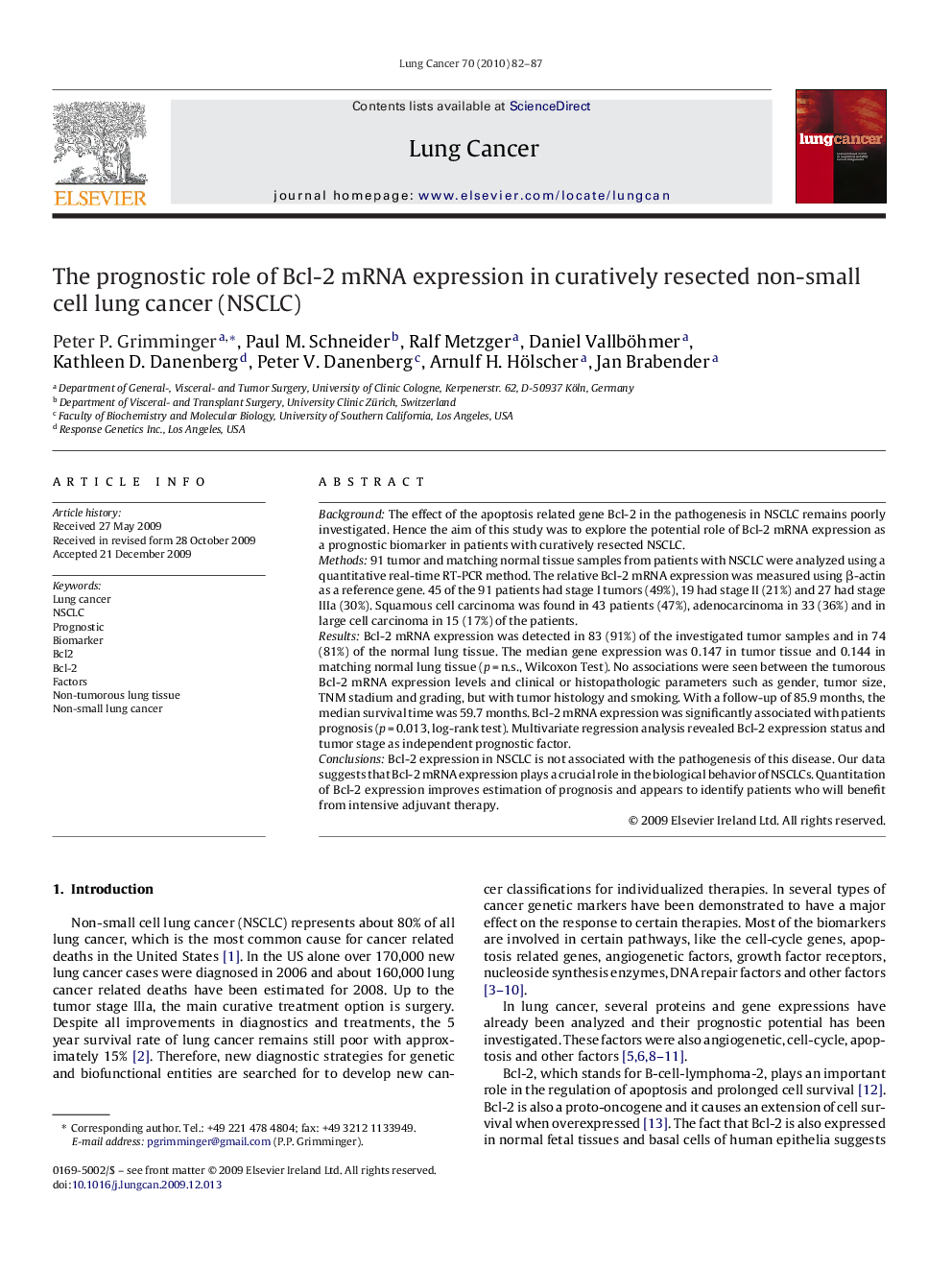 The prognostic role of Bcl-2 mRNA expression in curatively resected non-small cell lung cancer (NSCLC)