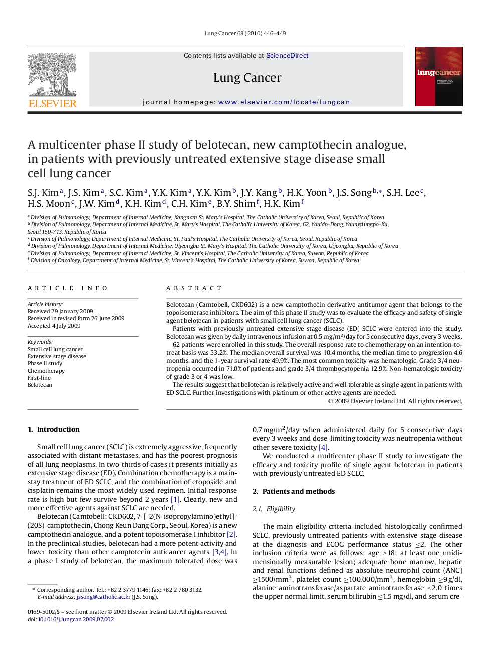 A multicenter phase II study of belotecan, new camptothecin analogue, in patients with previously untreated extensive stage disease small cell lung cancer