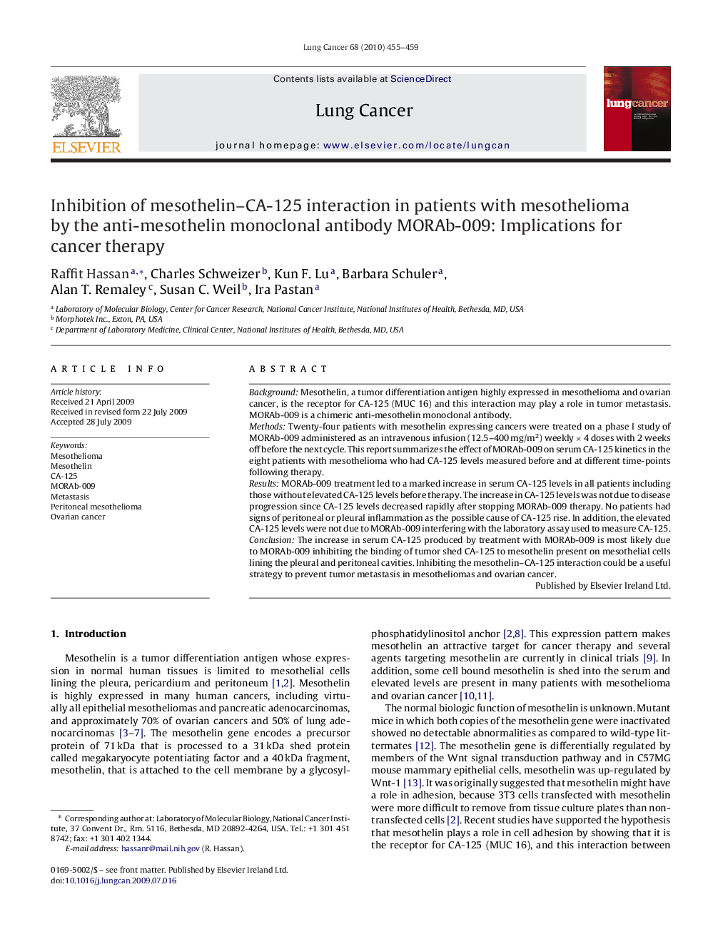 Inhibition of mesothelin–CA-125 interaction in patients with mesothelioma by the anti-mesothelin monoclonal antibody MORAb-009: Implications for cancer therapy