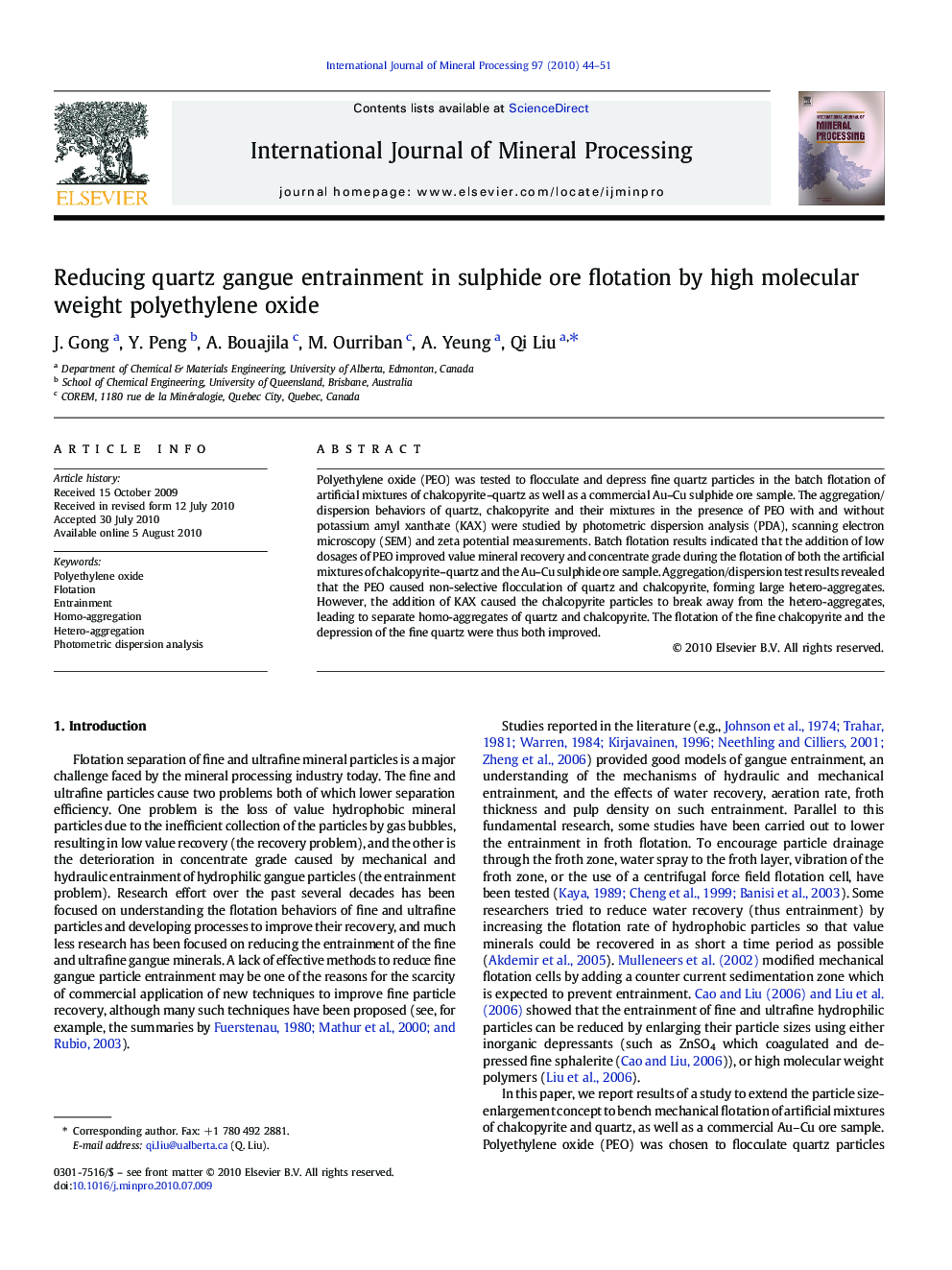 Reducing quartz gangue entrainment in sulphide ore flotation by high molecular weight polyethylene oxide