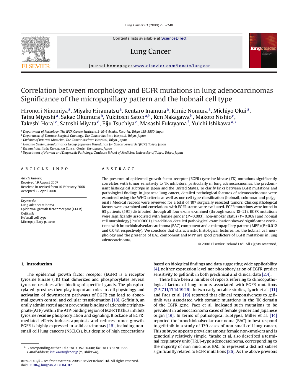 Correlation between morphology and EGFR mutations in lung adenocarcinomas: Significance of the micropapillary pattern and the hobnail cell type