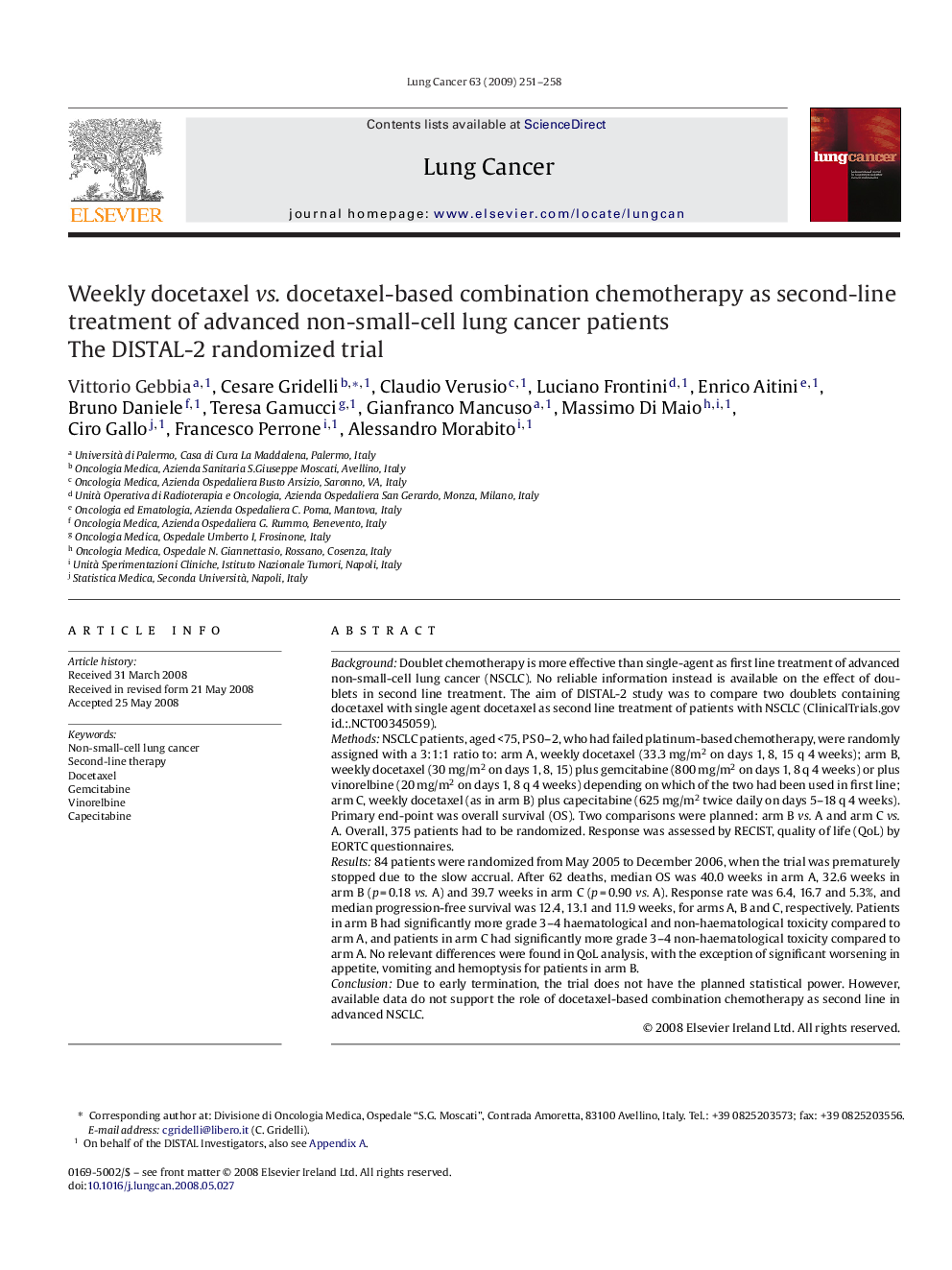 Weekly docetaxel vs. docetaxel-based combination chemotherapy as second-line treatment of advanced non-small-cell lung cancer patients: The DISTAL-2 randomized trial